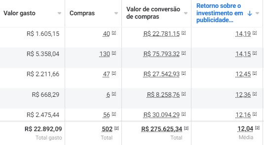 Captura anonimizada de resultados de e-commerce em Meta Ads da conta 01