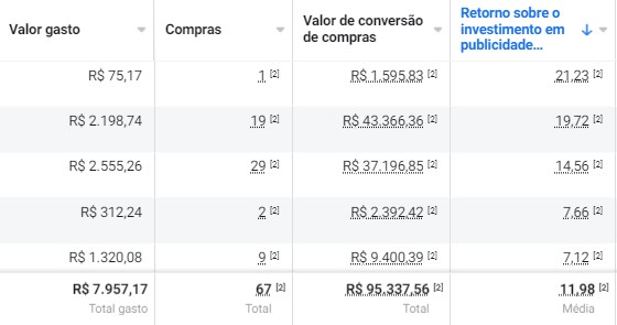 Captura anonimizada de resultados de e-commerce em Meta Ads da conta 02