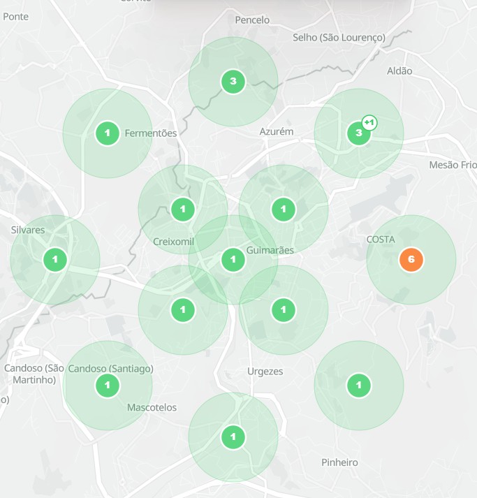 Mapa de posições locais no Google em Guimarães e zonas próximas