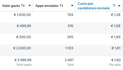 Captura de Meta Ads com 2.497 candidaturas e custo médio por candidatura de 1,60 euros